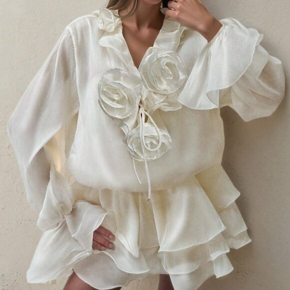 Light Beige Romantic Women's Gothic Floral Embellished Tie-Waist Loose Shirt - Picture 2 of 4